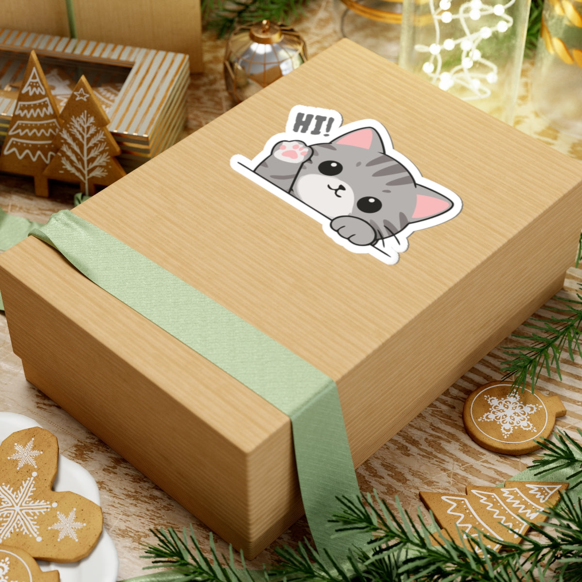 Cute Gray Cat “HIY!” Kiss-Cut Sticker