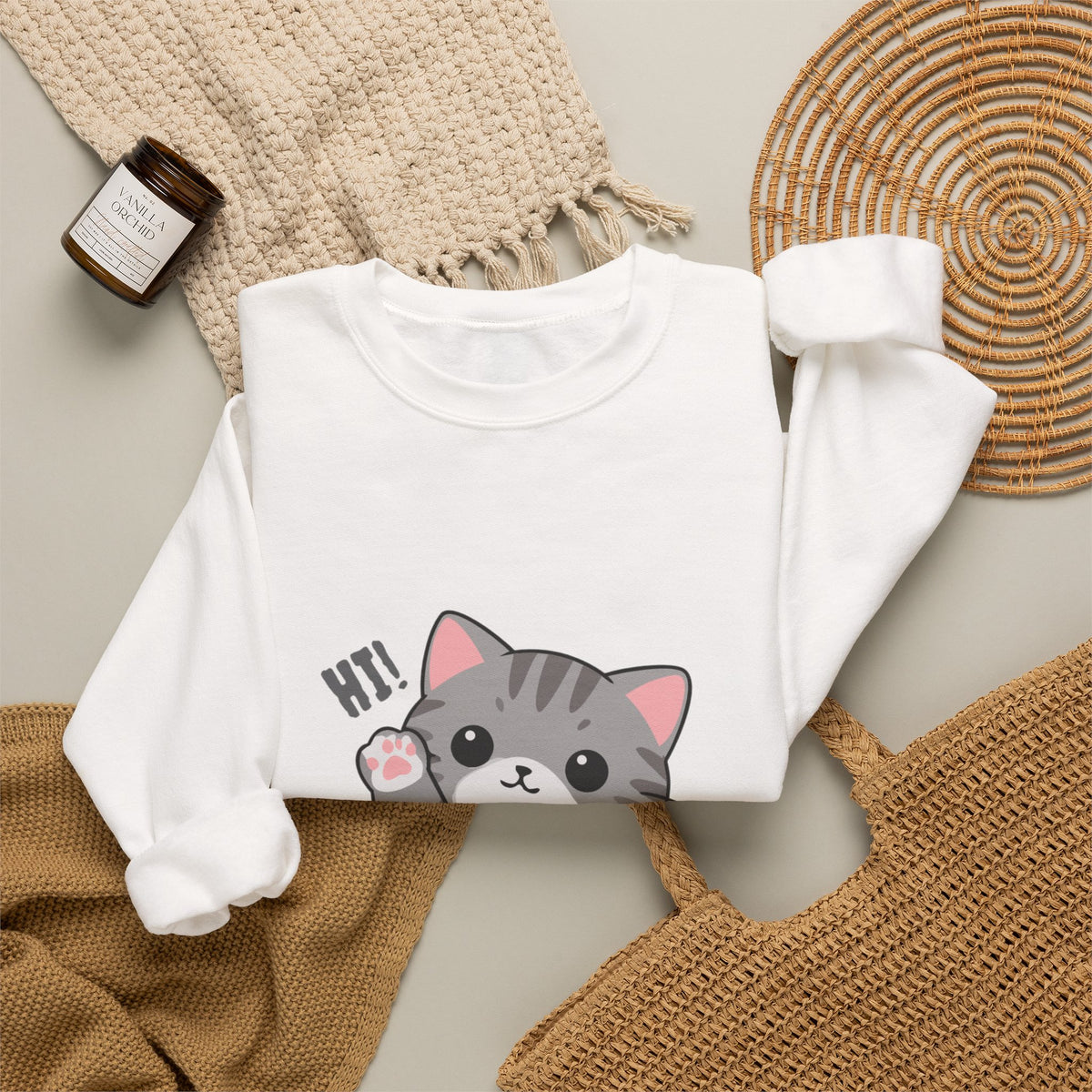 Cute Cat “Hi!” Crewneck Sweatshirt