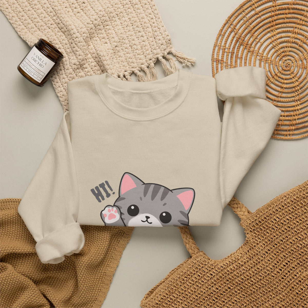 Cute Cat “Hi!” Crewneck Sweatshirt